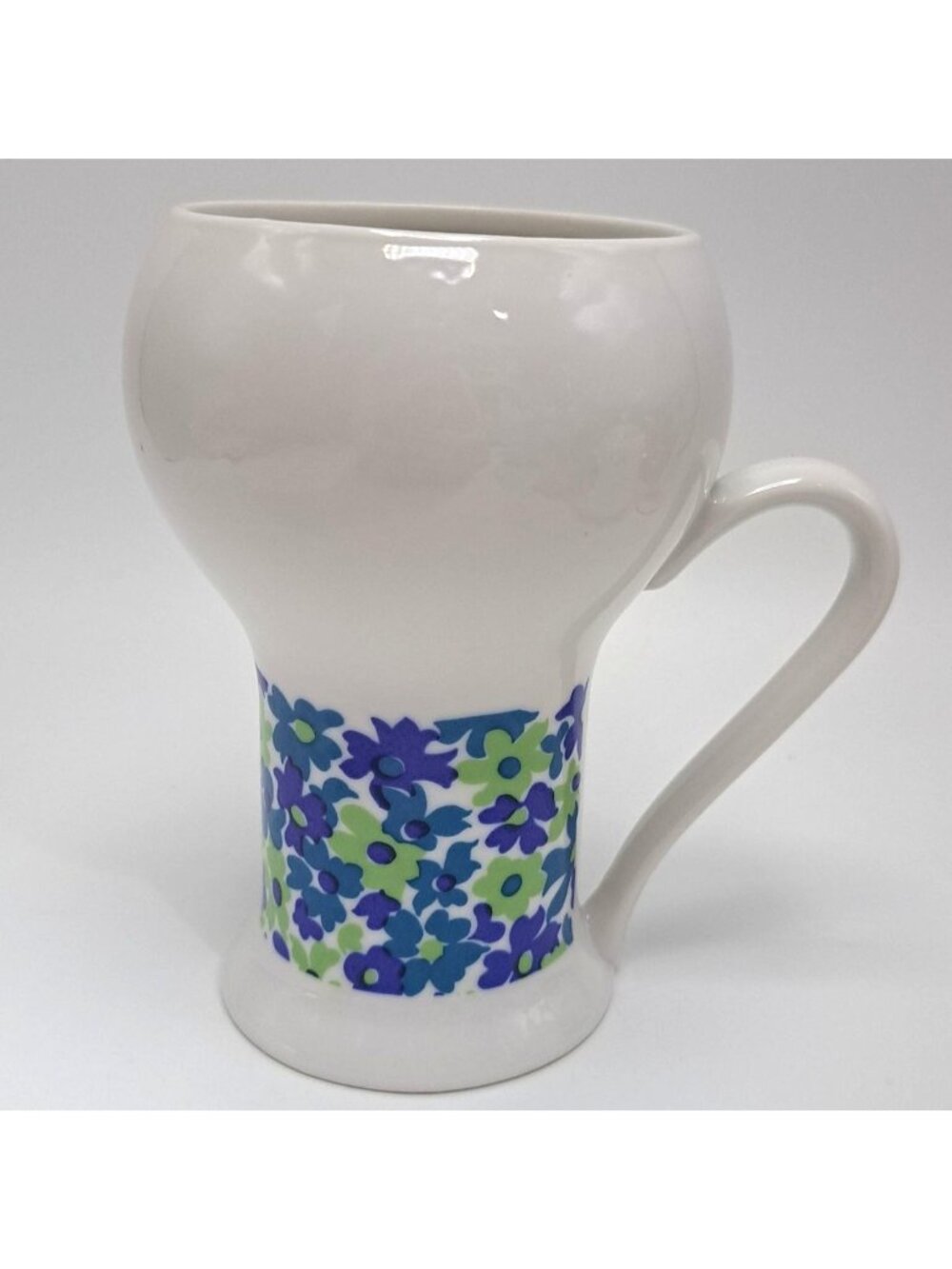 1970s Mod Ceramic Coffee Tea Mug Floral Blue Green Design 5” Retro Handle C-959